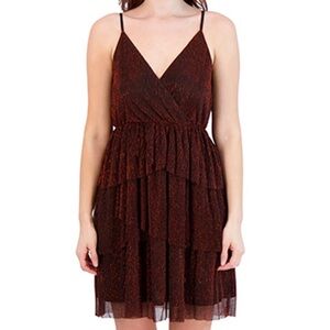 BCBGeneration Shimmering Metallic Red/Gold Spaghetti Strap Tiered Dress M